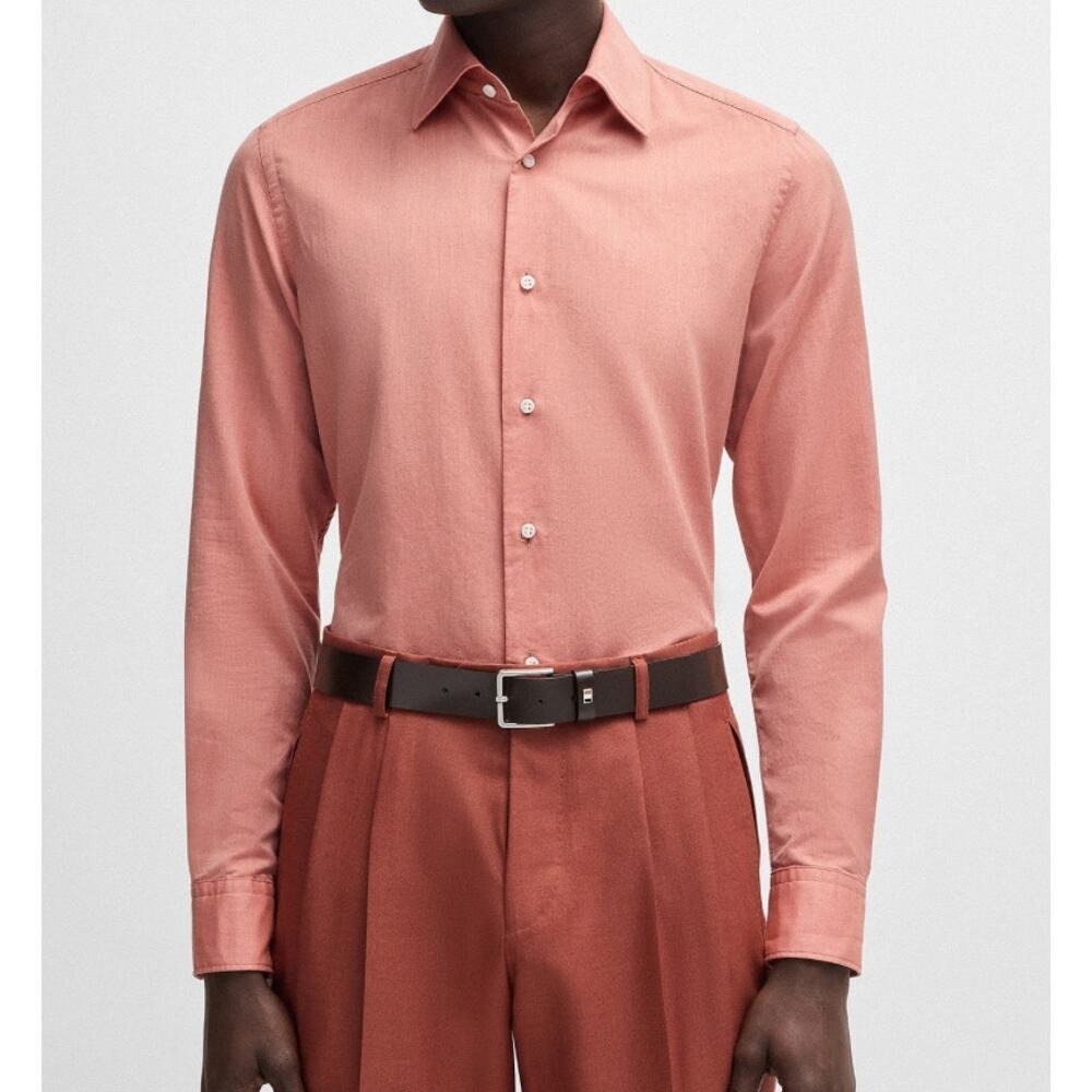 BOSS Hugo Boss Button Down Orange Micro Houndstooth Slim Fit Mens Size 42 16.5